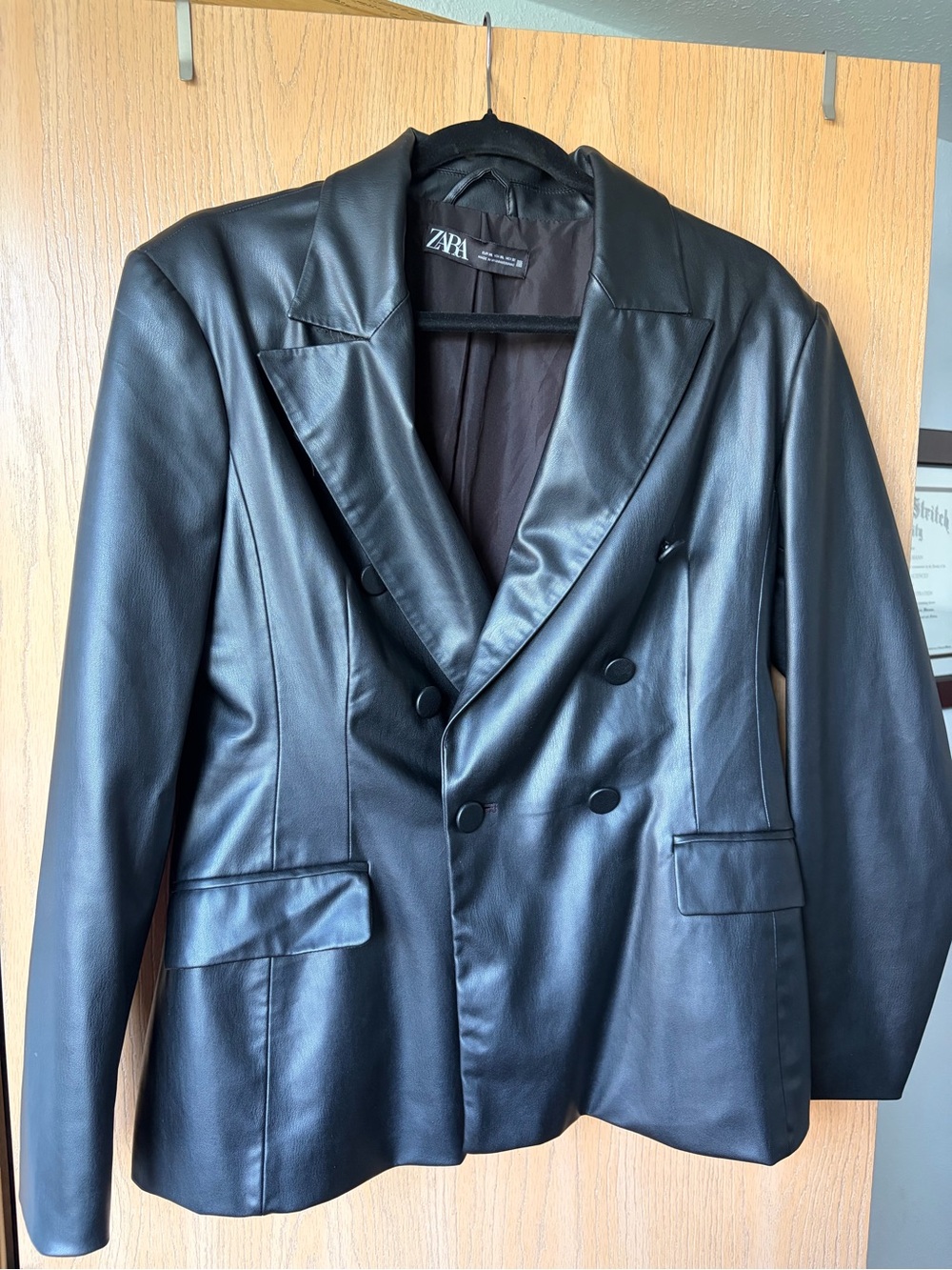 Zara Black Double-Breasted Faux Leather Blazer